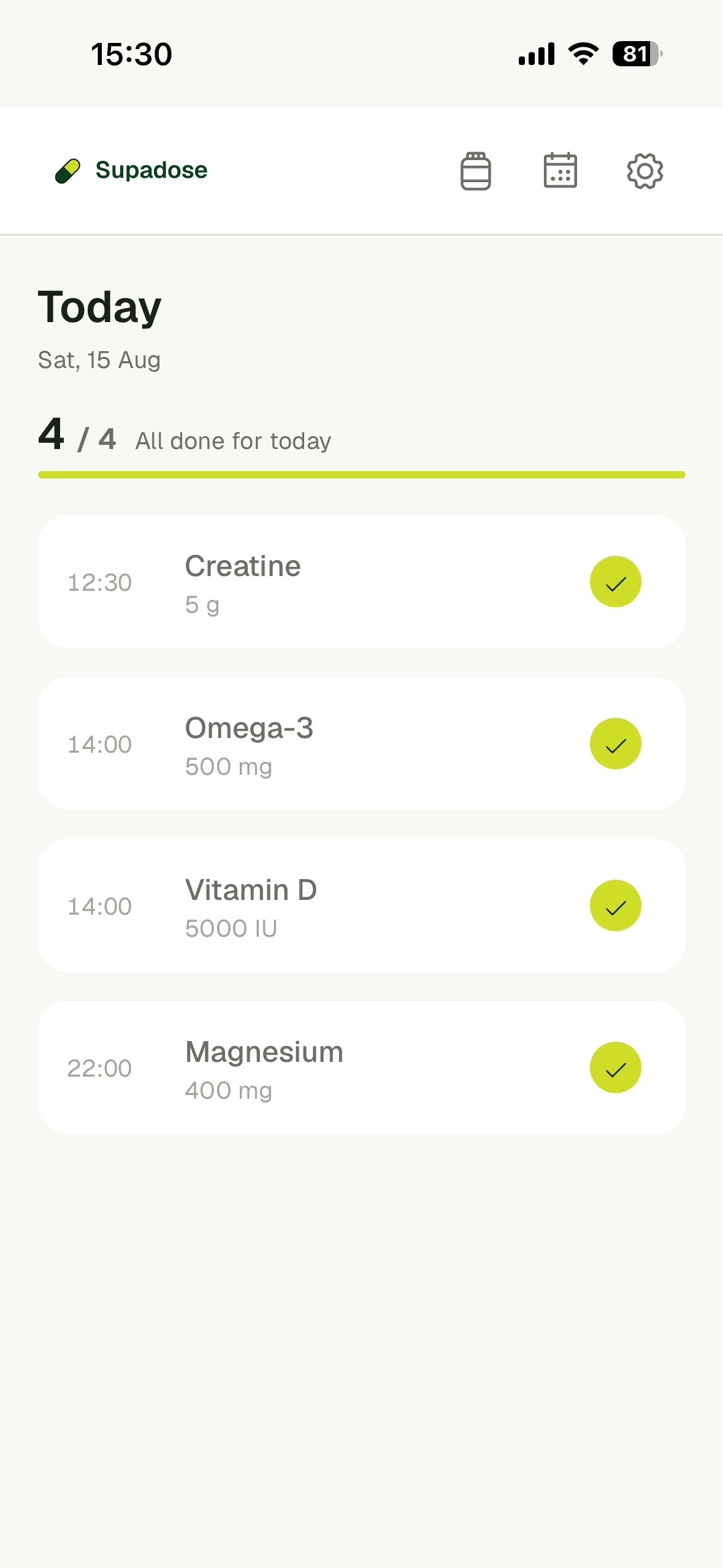 Today’s list with all four doses marked taken